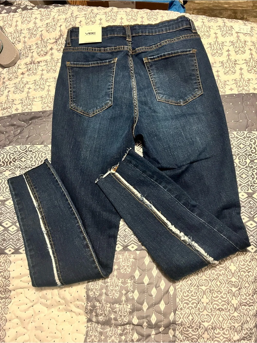 Vibe Dark Blue Skinny Jeans with White Distressed Front Stripes